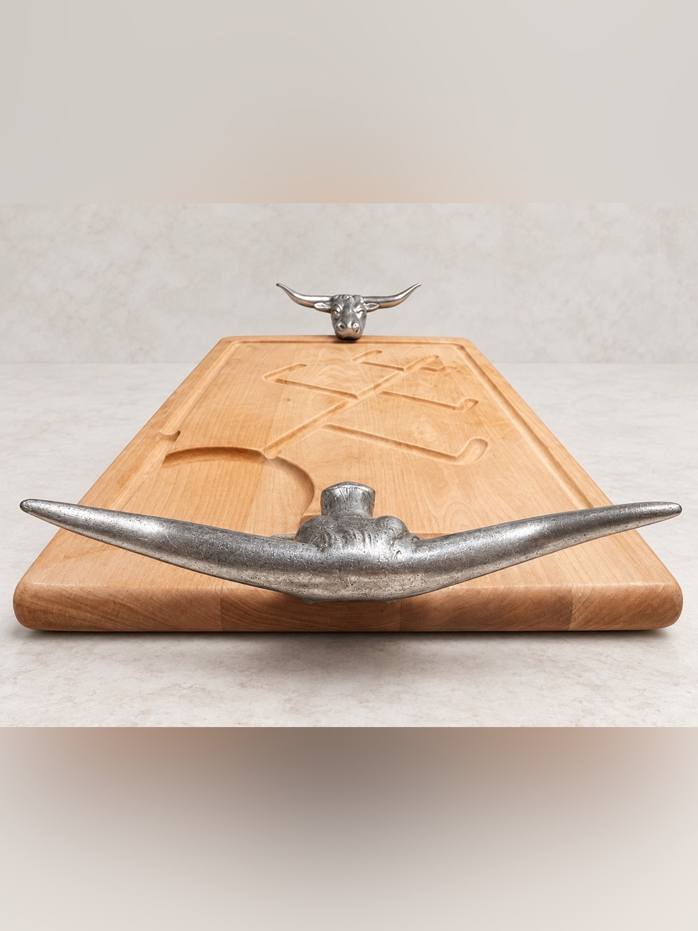 Vintage Bruce Fox Wood Meat Carving Board Longhorn Steer Handles Western Ranch